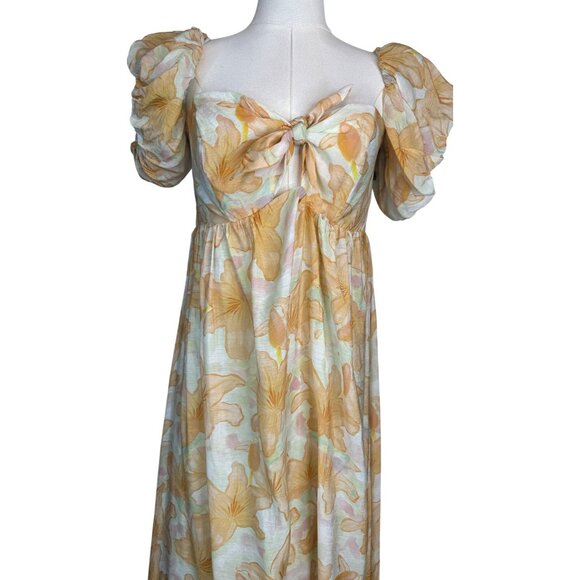 NWT ASTR XL The Label Orange Tropical Maxi Dress Puff Sleeves & Tie Front - Picture 8 of 16